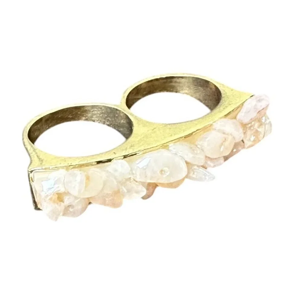 Vintage Chunky Gold Tone Pink Quartz Two Finger Ring size 8 & size 9